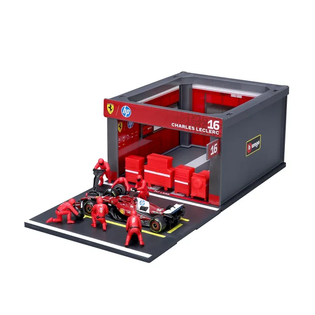 bburago-pit-stop-ferrari-sf-25-16-charles-leclerc-playset-diorama-con-auto-1-43 image 1