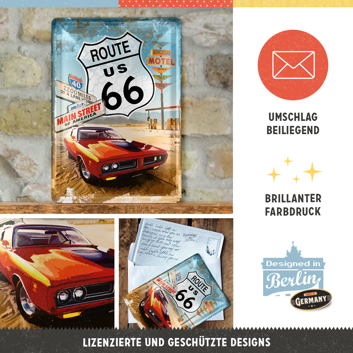 nostalgic-art-route-66-red-car-biglietto-in-metallo-10-x-14-cm image 3