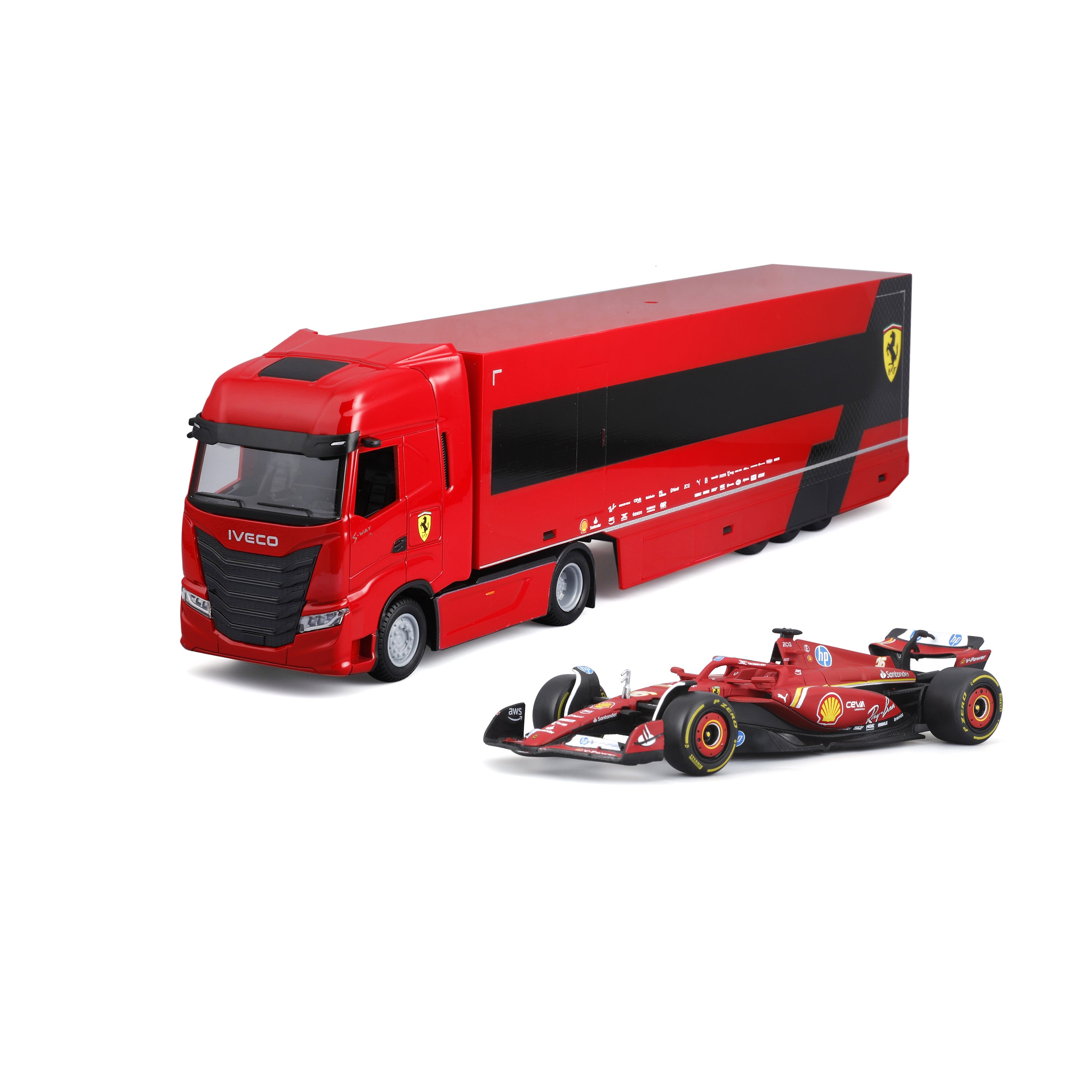 bburago-iveco-s-way-570-racing-transport-con-ferrari-sf-24-16-charles-leclerc-sc image 1