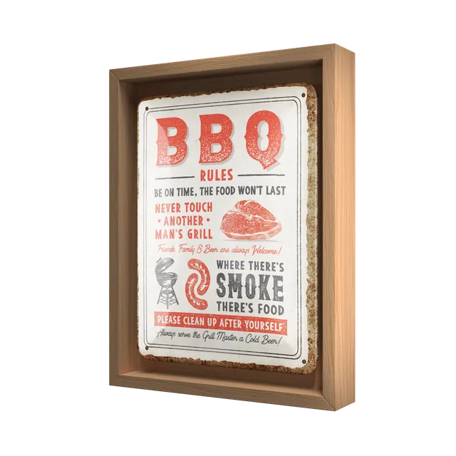 nostalgic-art-bbq-rules-n-frame-s-edition-targa-metallo-con-cornice-rovere-18-5x image 1