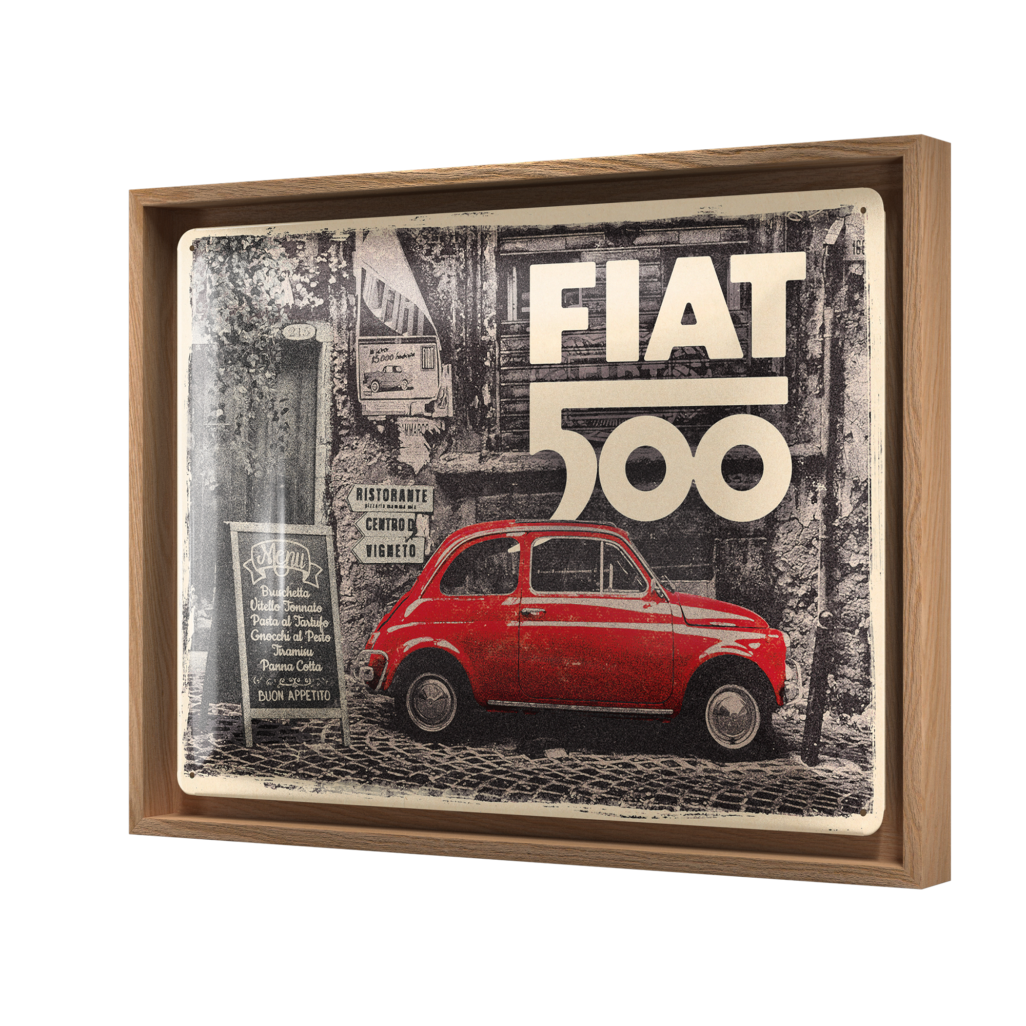 nostalgic-art-fiat-500-red-car-in-the-street-n-frame-l-edition-33-5-x-44-cm image 1