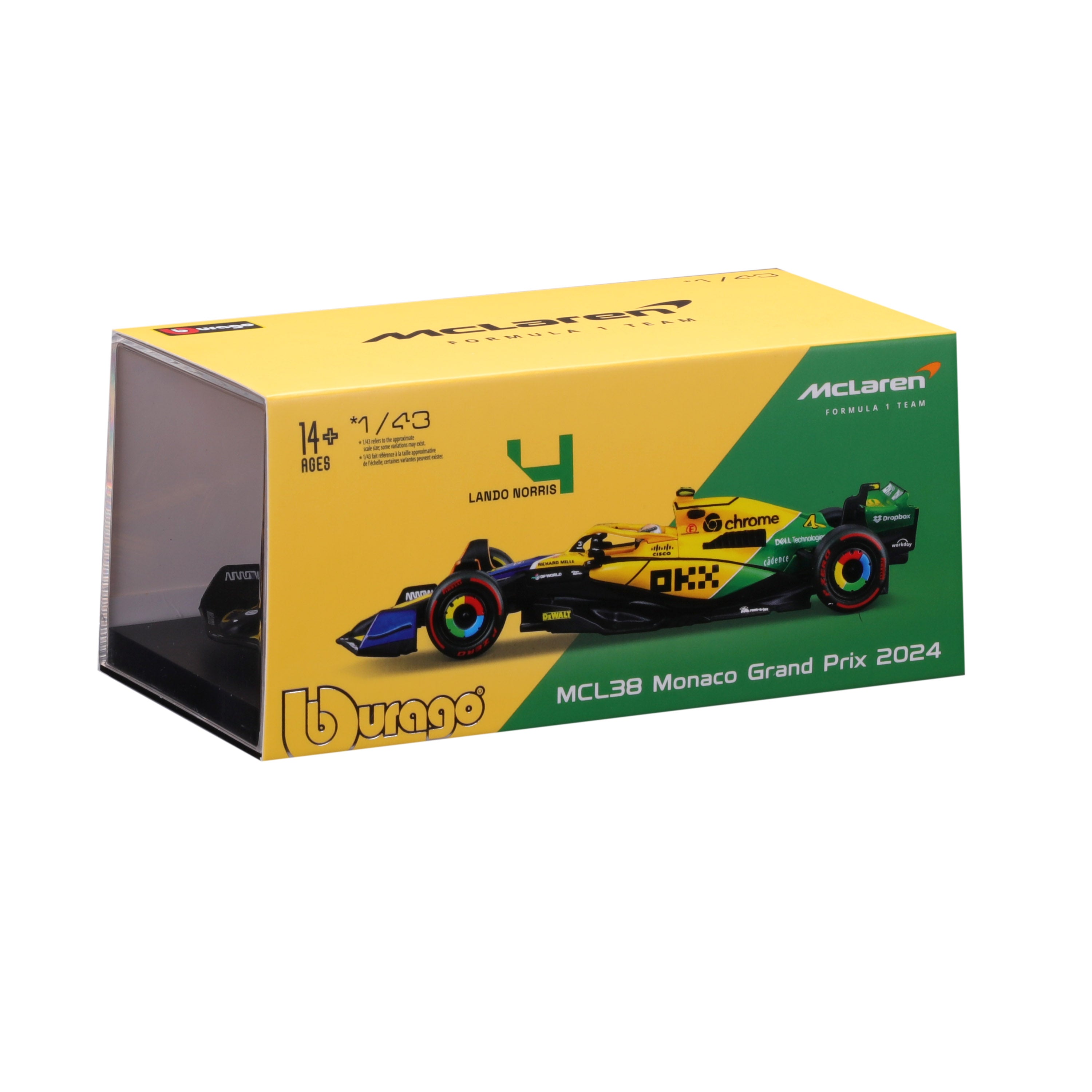 bburago-mclaren-f1-mcl38-lando-norris-4-gp-monaco-2024-senna-1-43-con-pilota-e-t image 2