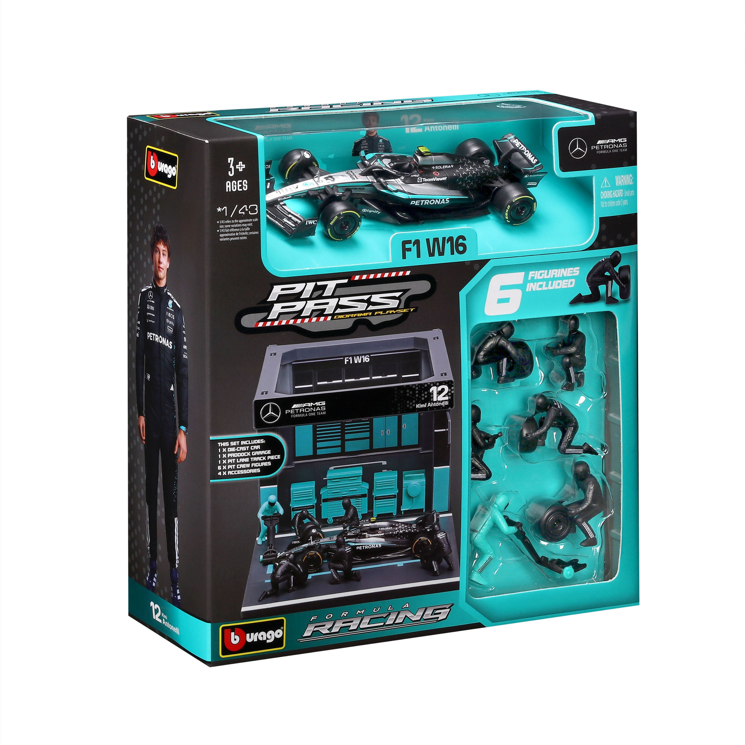 bburago-pit-stop-mercedes-amg-f1-w16-2025-12-kimi-antonelli-playset-con-auto-1-4 image 2