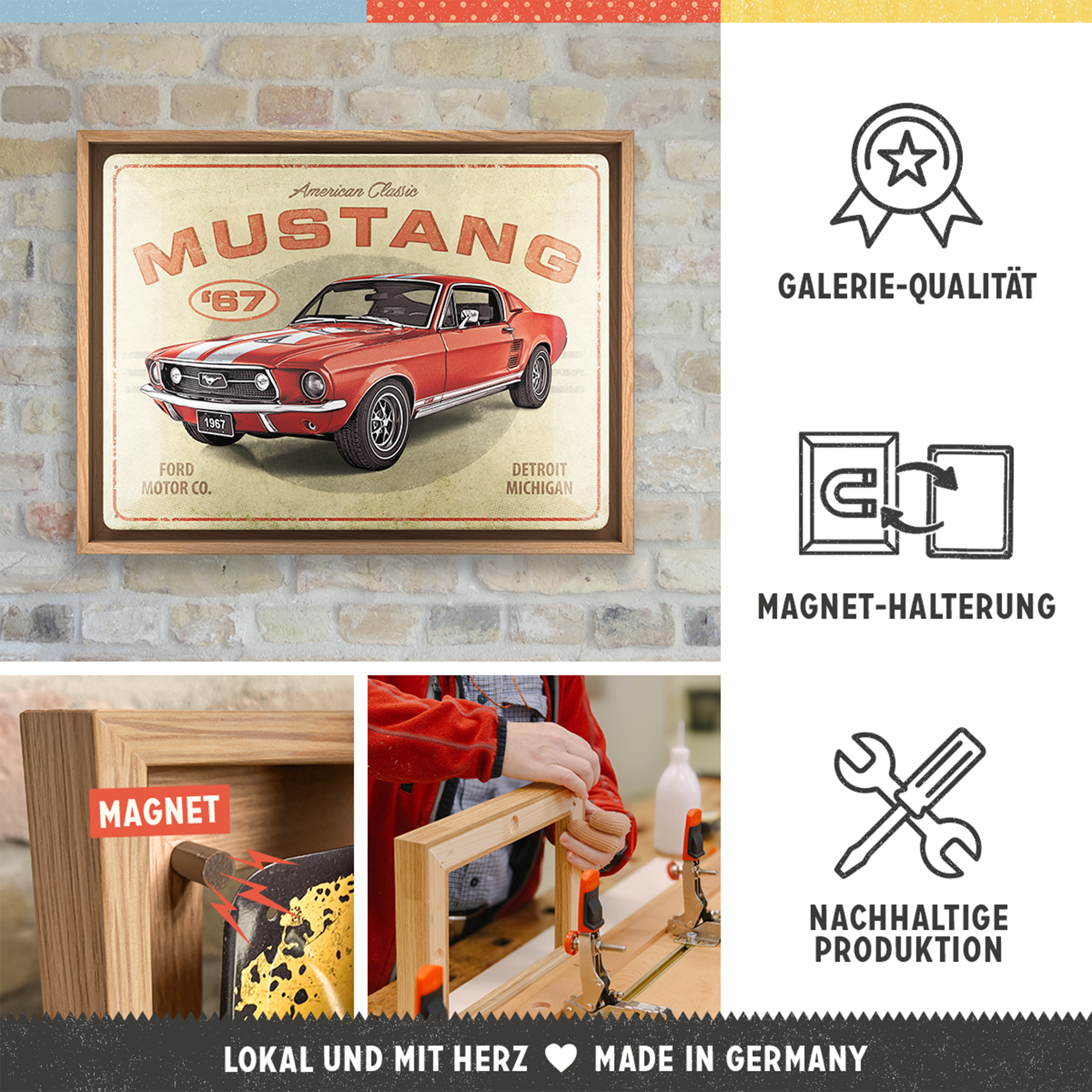 nostalgic-art-ford-mustang-gt-1967-red-n-frame-l-edition-quadro-con-cornice-legn image 4