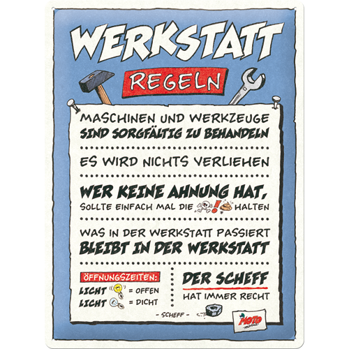 nostalgic-art-motomania-werkstatt-regeln-targa-in-metallo-30x40-cm image 1