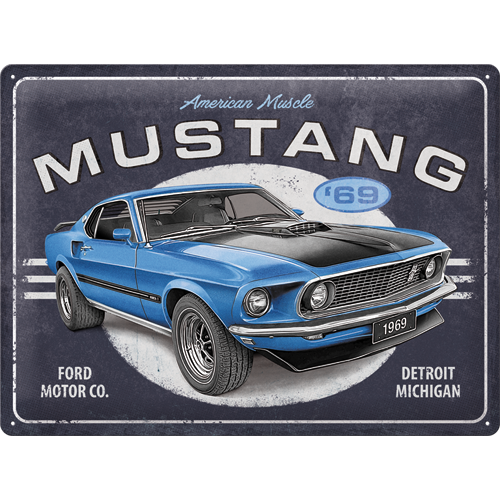 nostalgic-art-ford-mustang-1969-mach-1-blu-targa-in-metallo-30x40-cm image 1