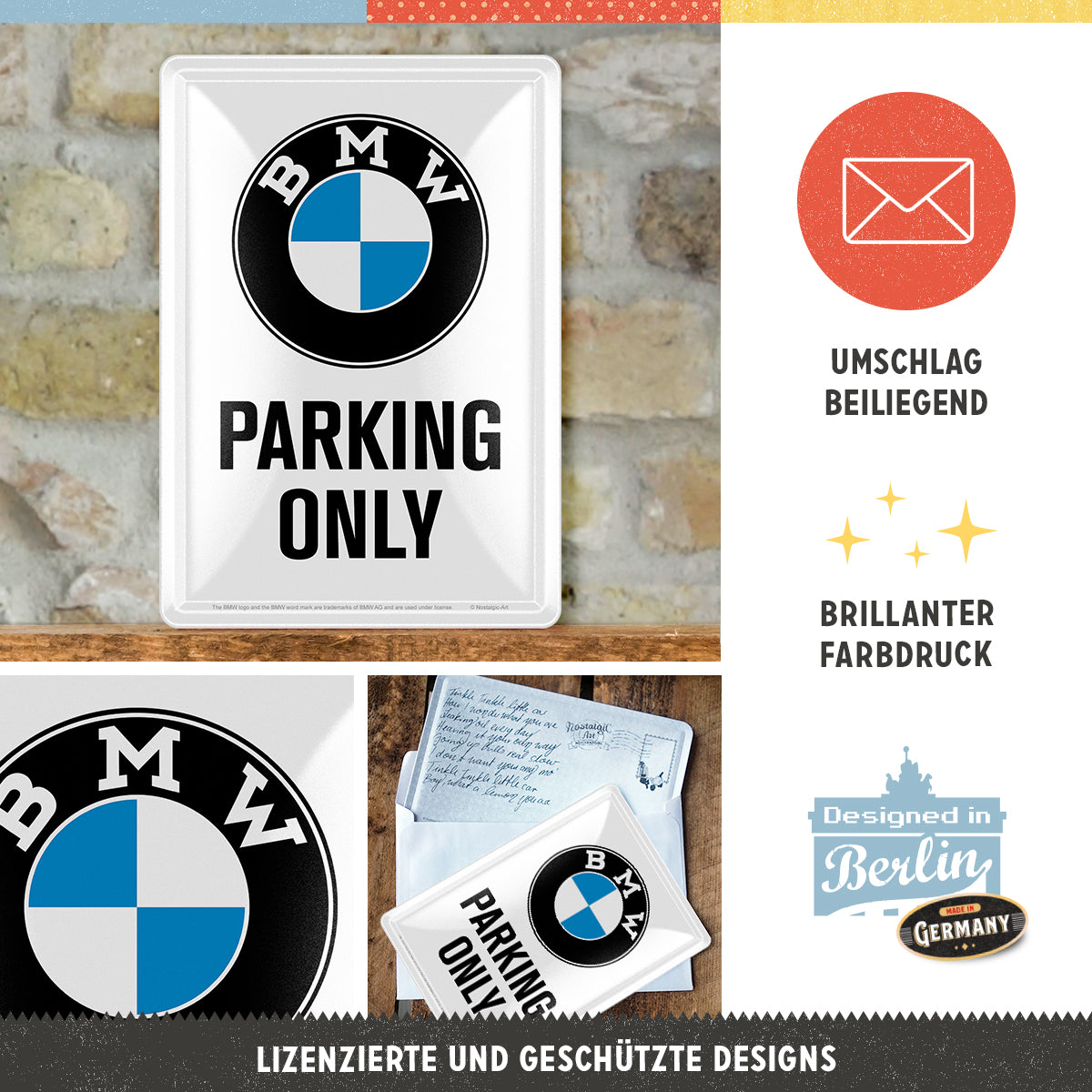 nostalgic-art-bmw-parking-only-white-biglietto-in-metallo-10x14-cm image 3