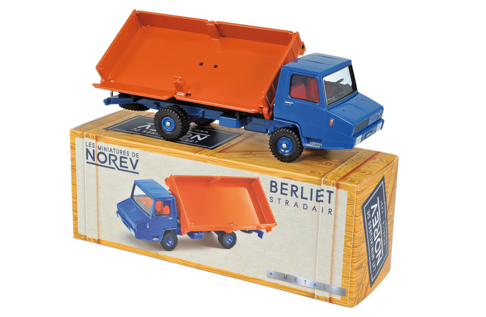 norev-berliet-stradair-benne-basculante-lat-rale-orange-et-bleu-modellino-camion image 2
