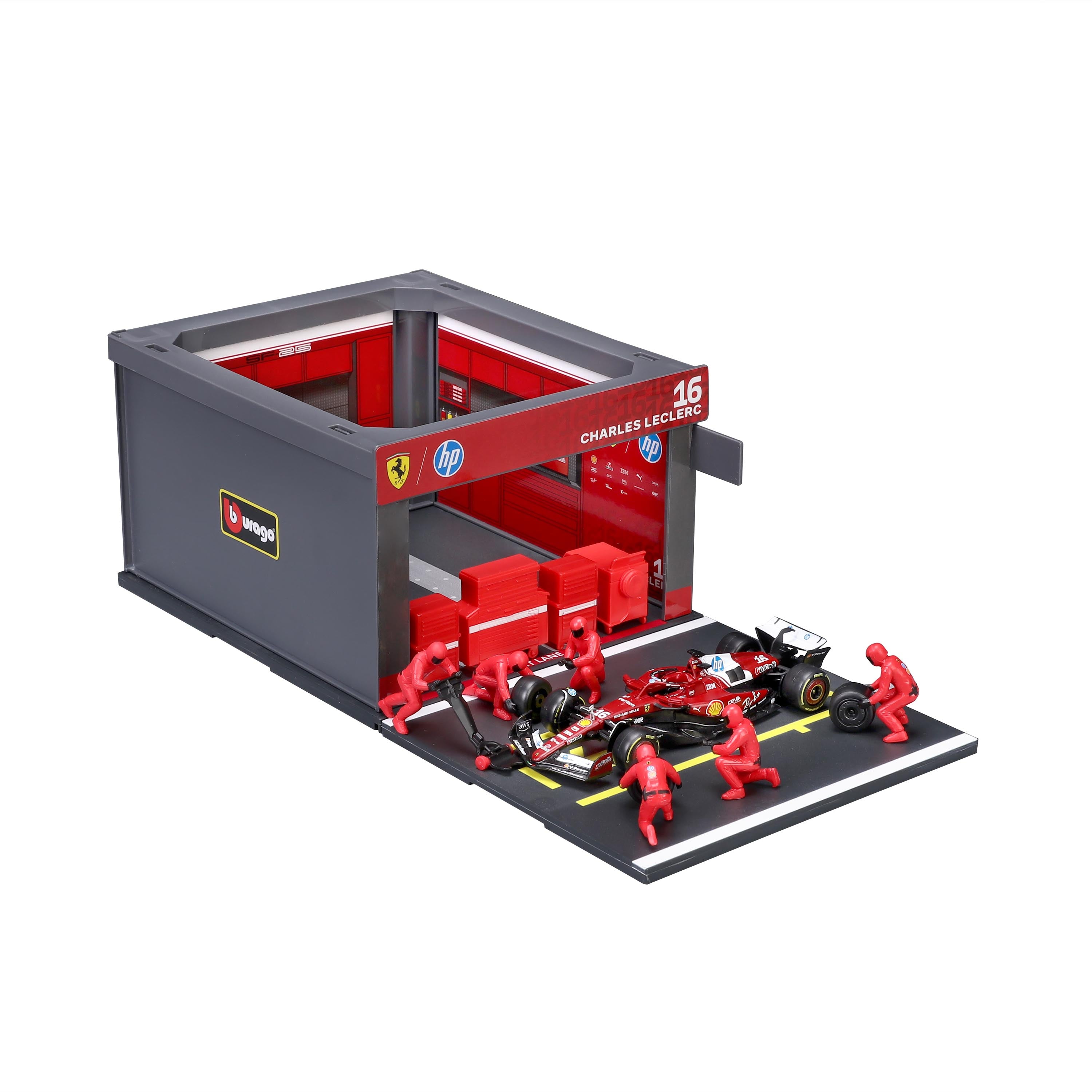 bburago-pit-stop-ferrari-sf-25-16-charles-leclerc-playset-diorama-con-auto-1-43 image 4