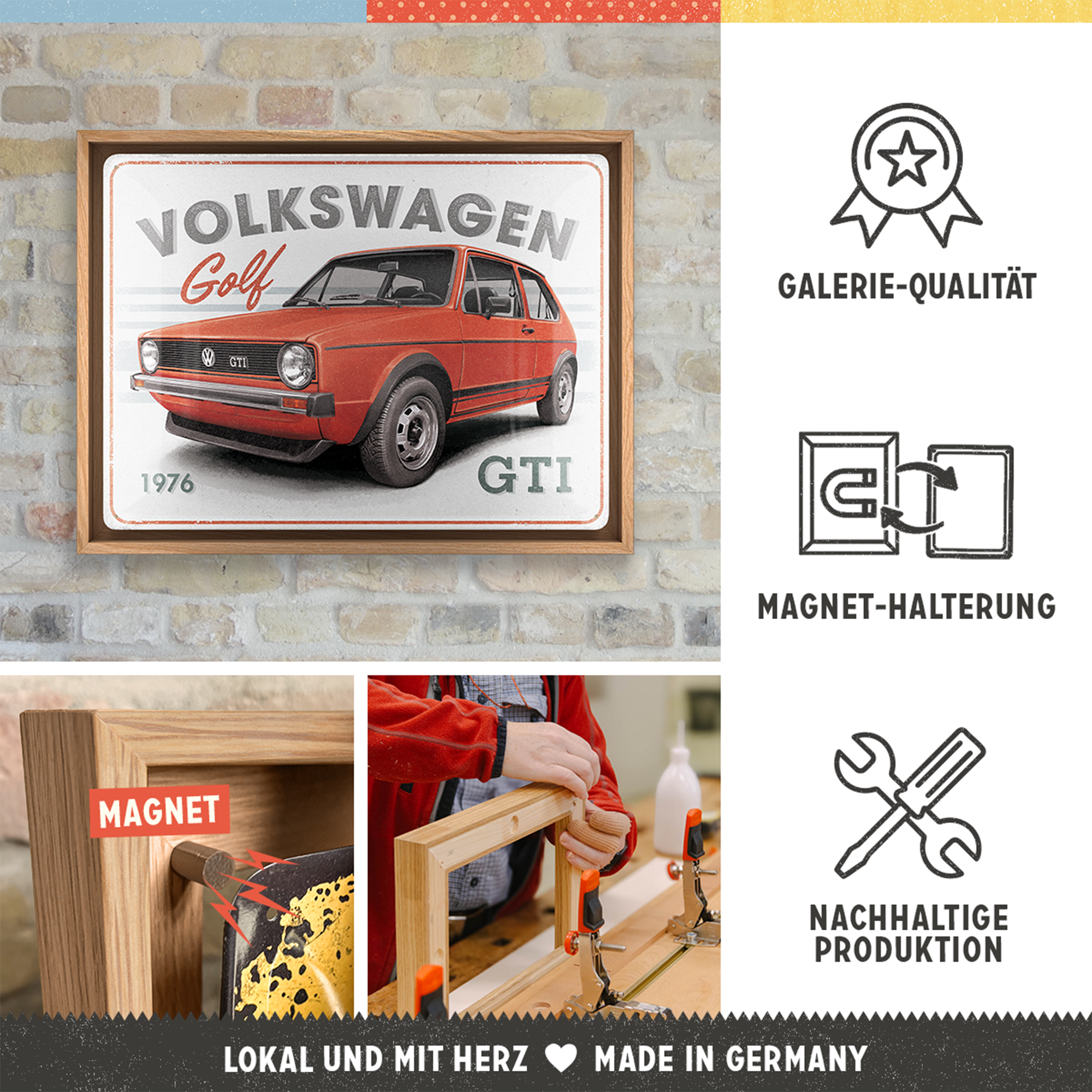 nostalgic-art-vw-golf-gti-1976-n-frame-l-edition-targa-con-cornice-legno-33-5x44 image 3