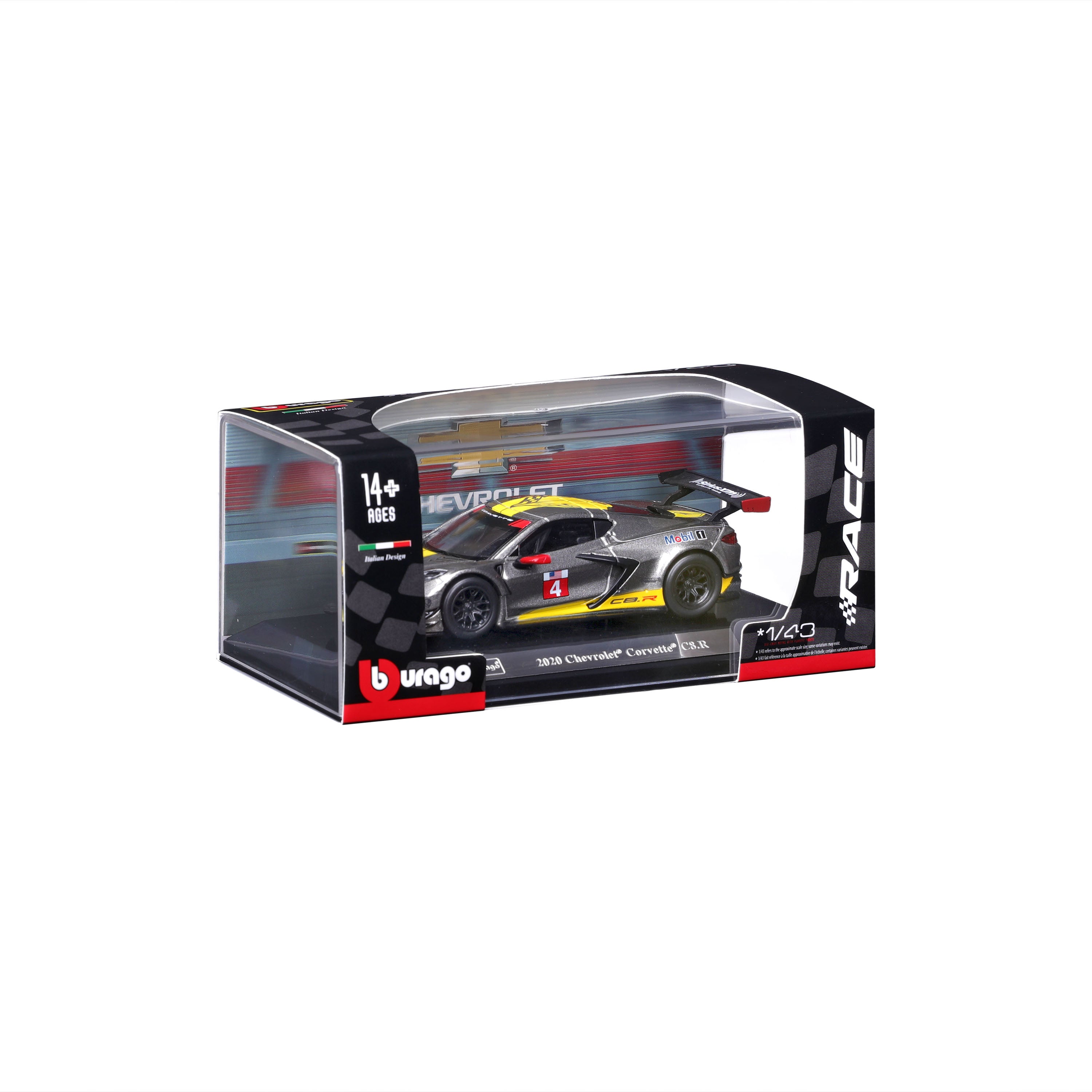 bburago-chevrolet-corvette-c8-r-2020-1-43-modellino-grigio-metallizzato-con-teca image 2