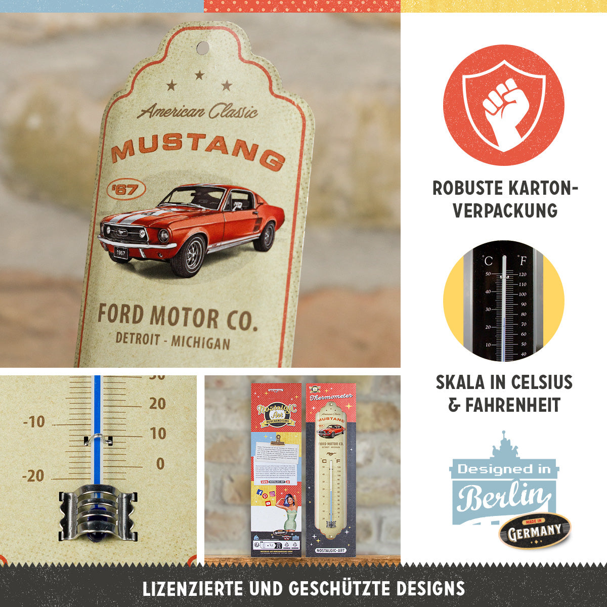 nostalgic-art-ford-mustang-gt-1967-red-termometro-in-metallo-6-5x28-cm image 3