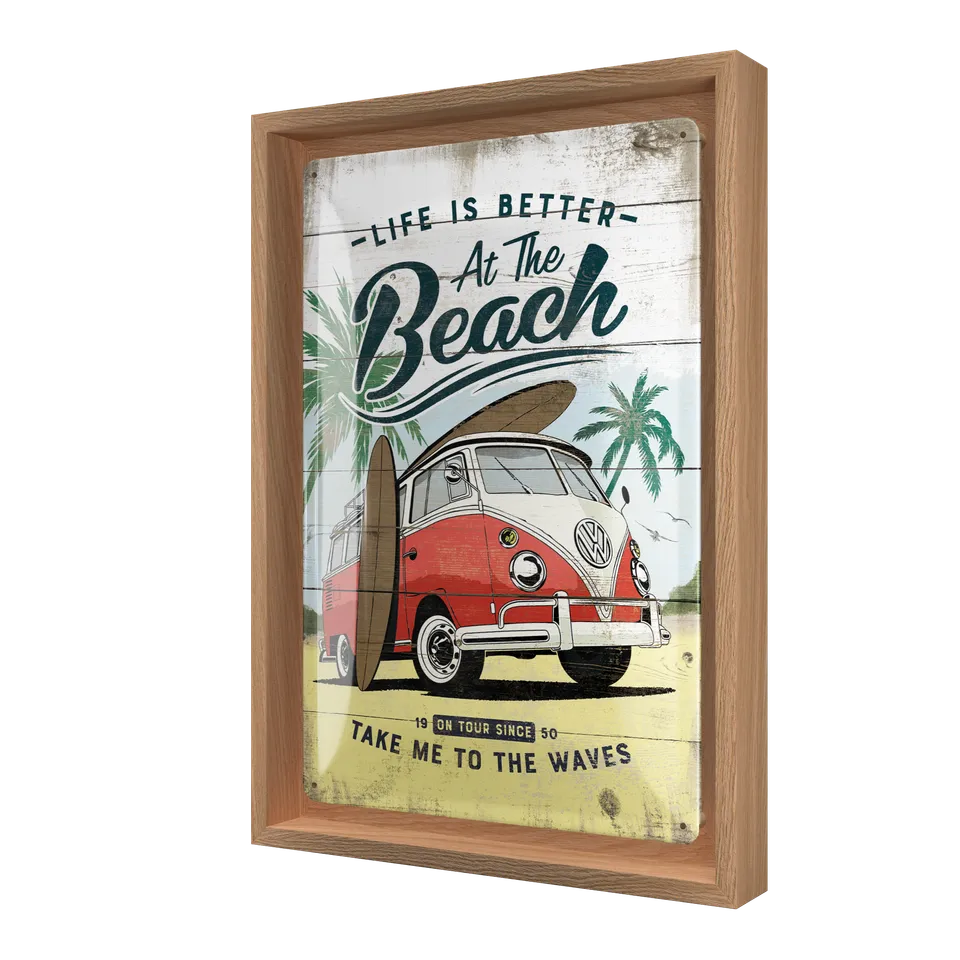nostalgic-art-vw-bulli-beach-cornice-n-frame-m-edition-24x33-5-cm-legno-quercia image 1