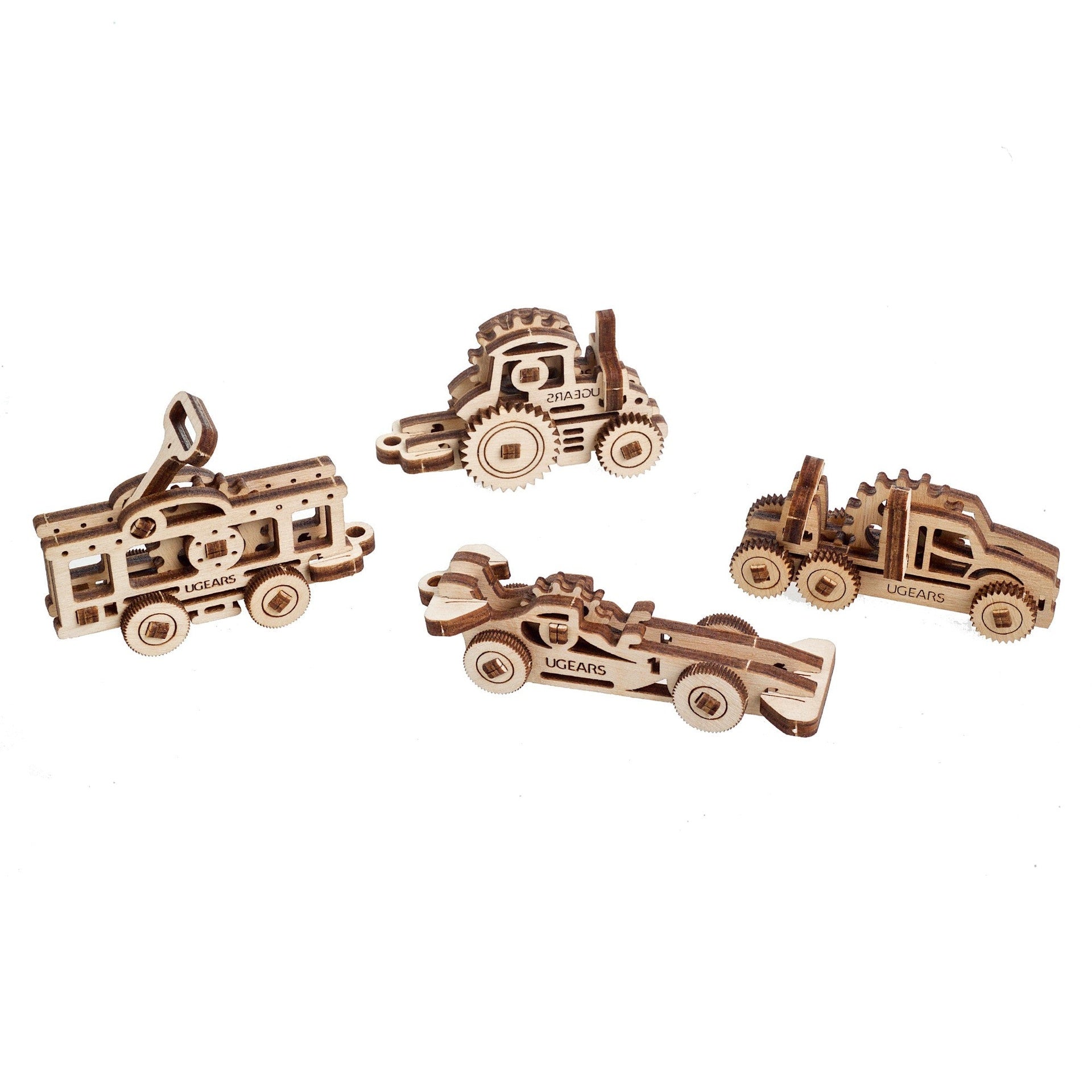 ugears-u-fidgets-vehicles-set-4-modellini-in-legno-tram-auto-da-corsa-trattore-e image 1