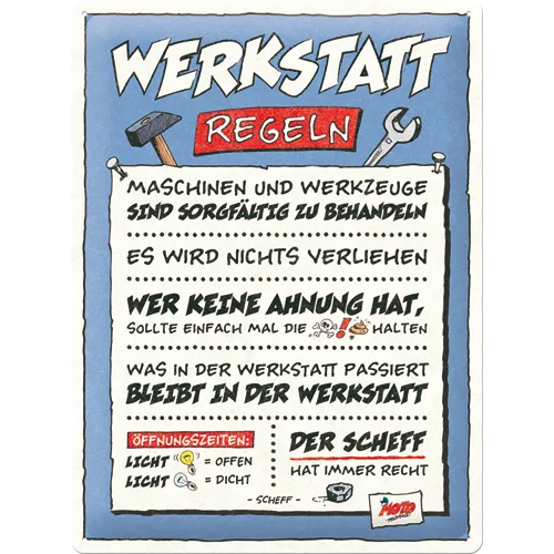 nostalgic-art-motomania-werkstatt-regeln-targa-in-metallo-30x40-cm image 1