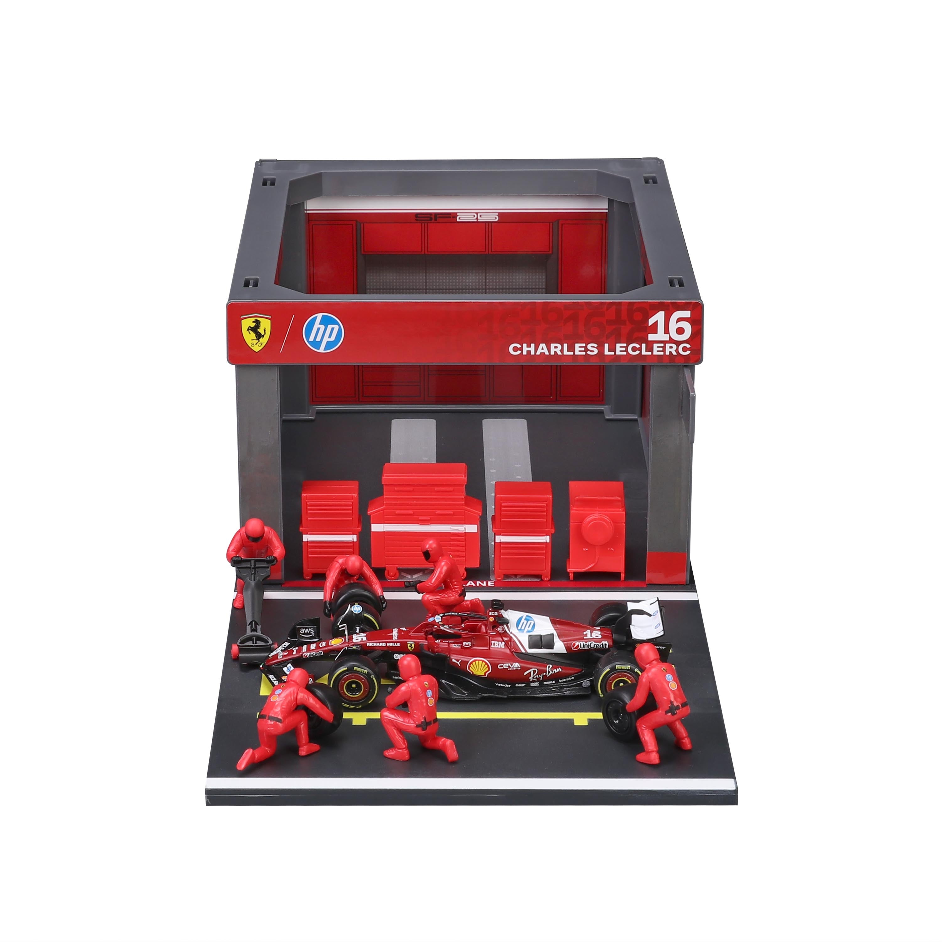bburago-pit-stop-ferrari-sf-25-16-charles-leclerc-playset-diorama-con-auto-1-43 image 3