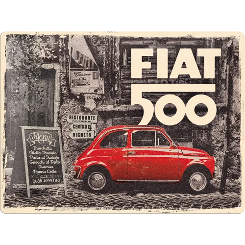 nostalgic-art-fiat-500-red-car-in-the-street-targa-in-metallo-30x40-cm image 1