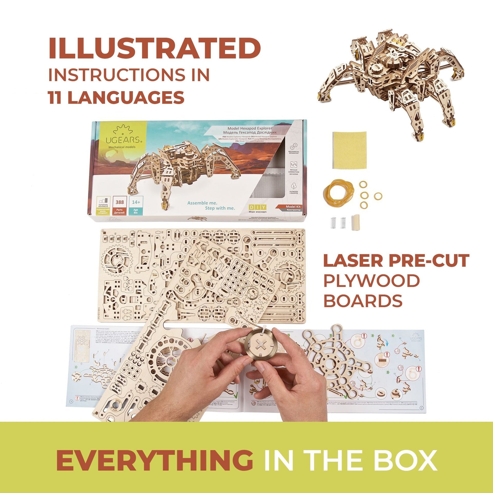 ugears-hexapod-explorer-robot-esapode-meccanico-in-legno-a-molla-che-cammina-fin image 6