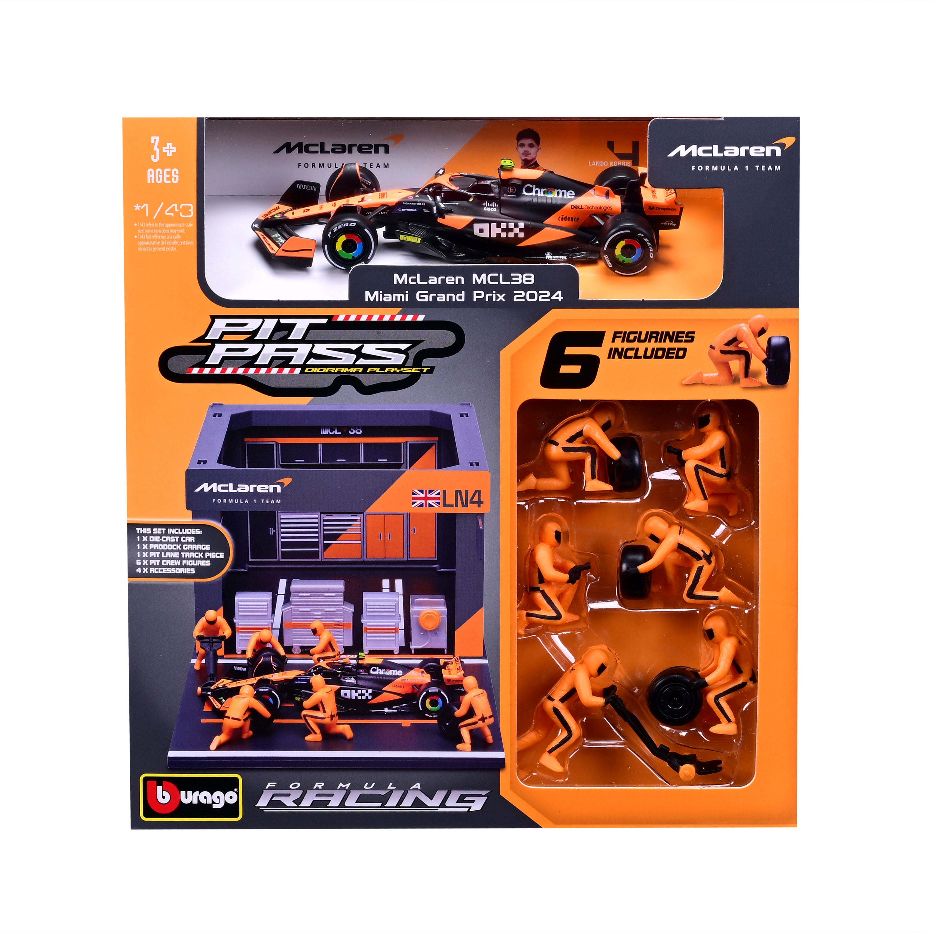 bburago-pit-stop-mclaren-mcl38-4-lando-norris-1-43-playset-f1-2024 image 8