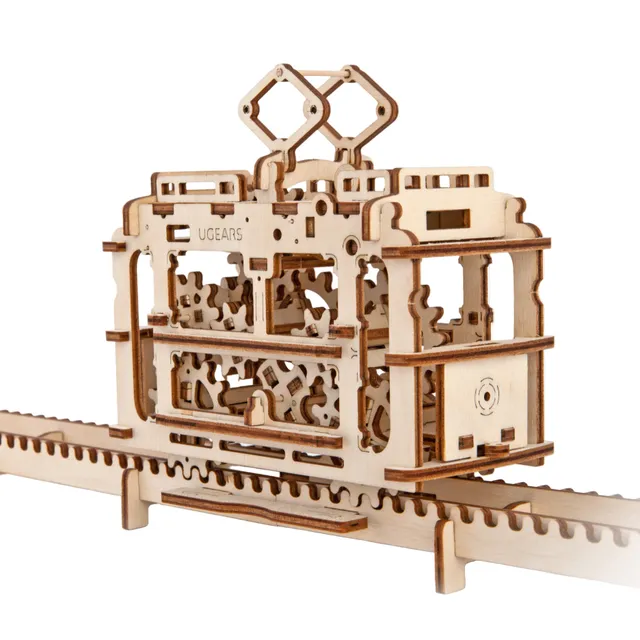 ugears-tram-on-rails-modellino-meccanico-in-legno-con-binari image 1