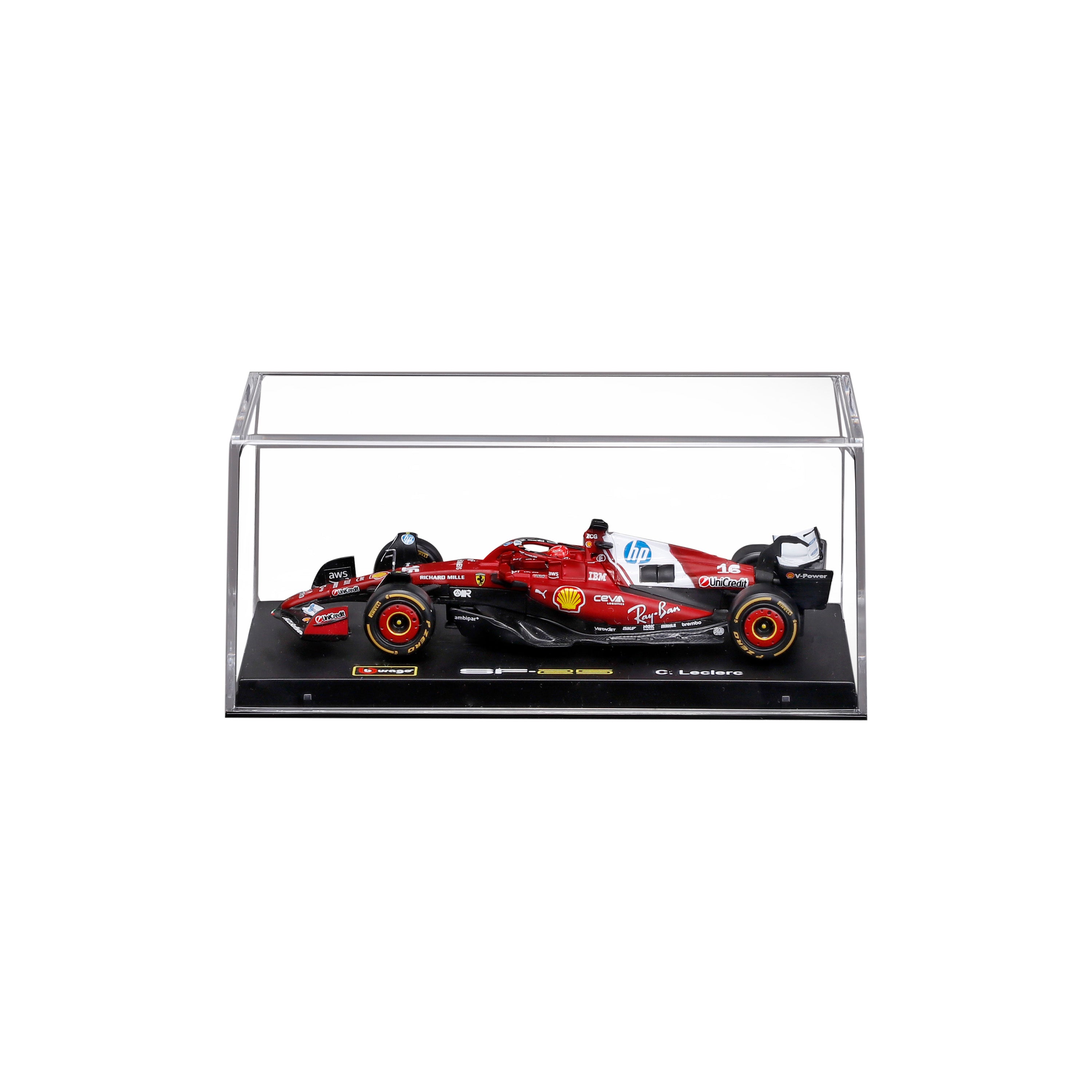 bburago-ferrari-sf-25-16-charles-leclerc-f1-2025-modellino-1-43-con-teca image 1