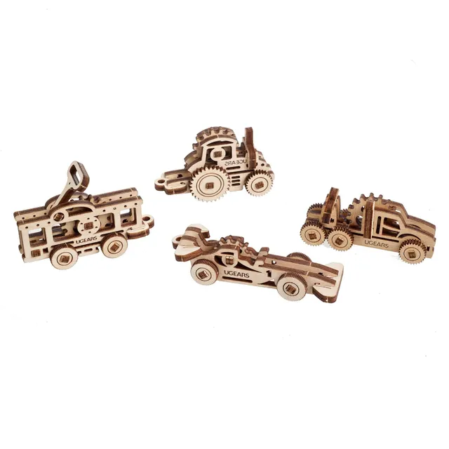 ugears-u-fidgets-vehicles-set-4-modellini-in-legno-tram-auto-da-corsa-trattore-e image 1
