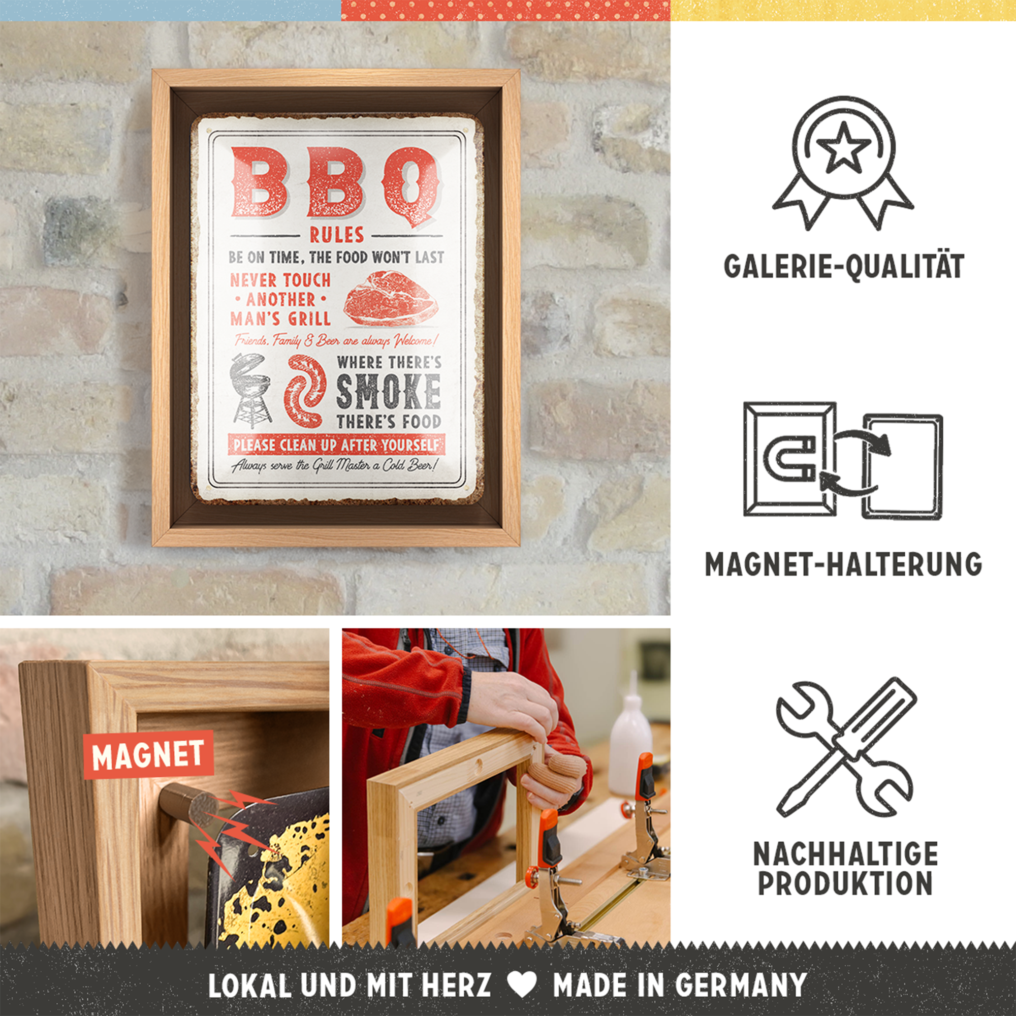 nostalgic-art-bbq-rules-n-frame-s-edition-targa-metallo-con-cornice-rovere-18-5x image 3