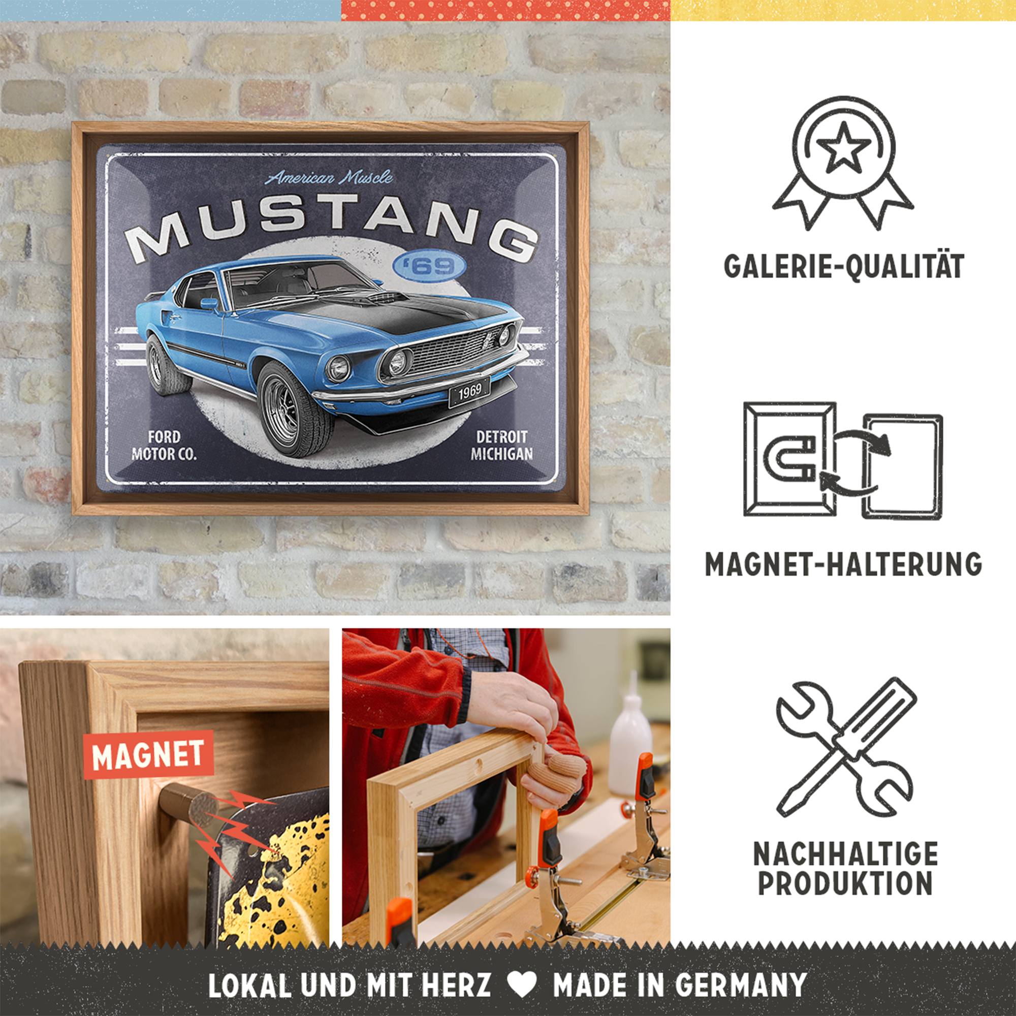 nostalgic-art-ford-mustang-1969-mach-1-blue-cornice-n-frame-l-33-5x44-cm-legno-q image 3