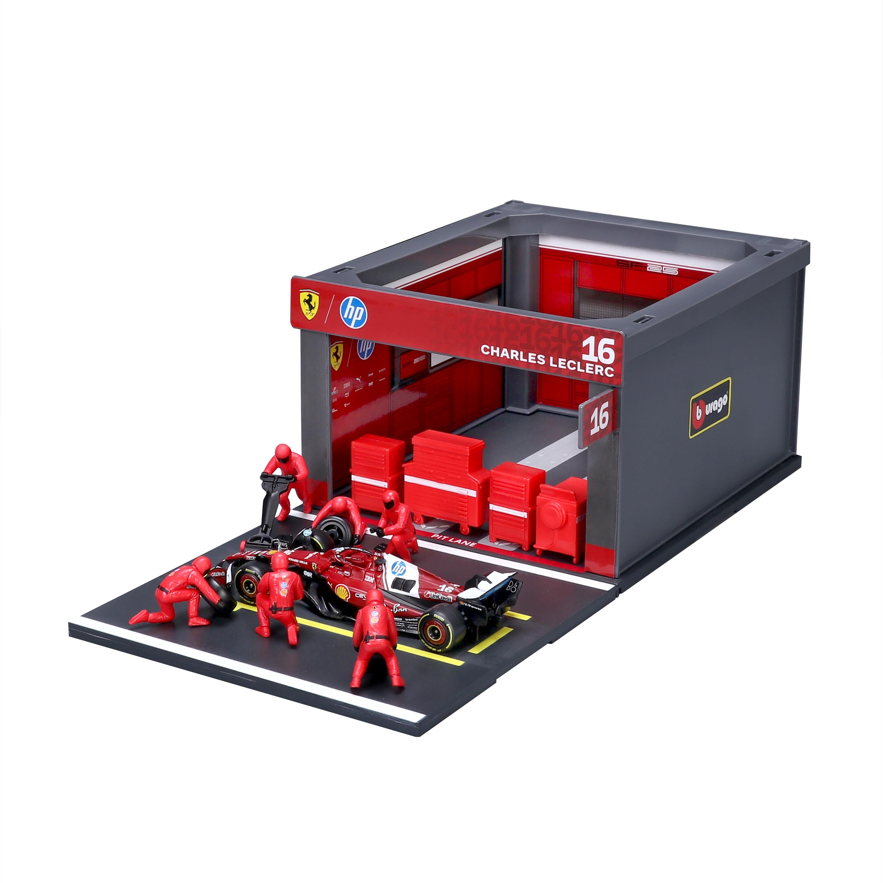 bburago-pit-stop-ferrari-sf-25-16-charles-leclerc-playset-diorama-con-auto-1-43 image 1