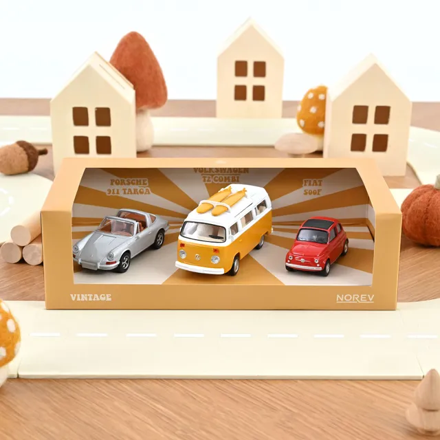 norev-vintage-gift-box-3-pezzi-jet-car-1-43-porsche-911-targa-vw-combi-t2-fiat-5 image 1