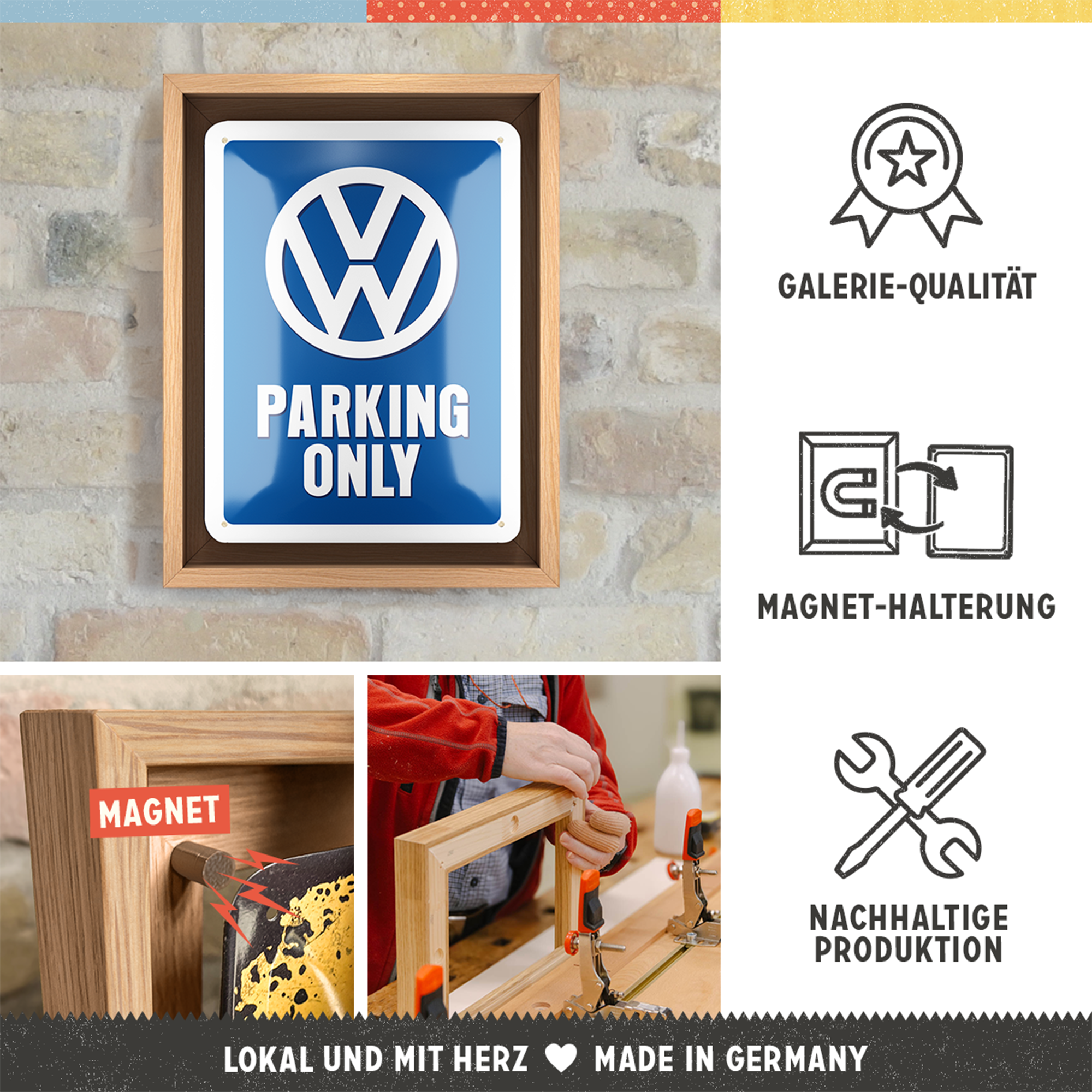 nostalgic-art-vw-parking-only-n-frame-s-edition-cornice-legno-targa image 3