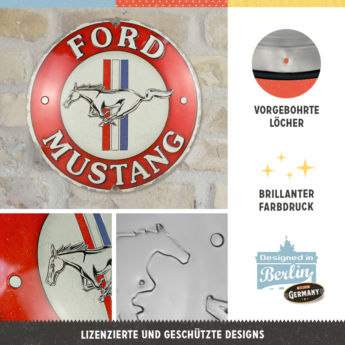 ford-mustang-3-stripes-red-targa-rotonda-in-metallo-35-cm-nostalgic-art image 2