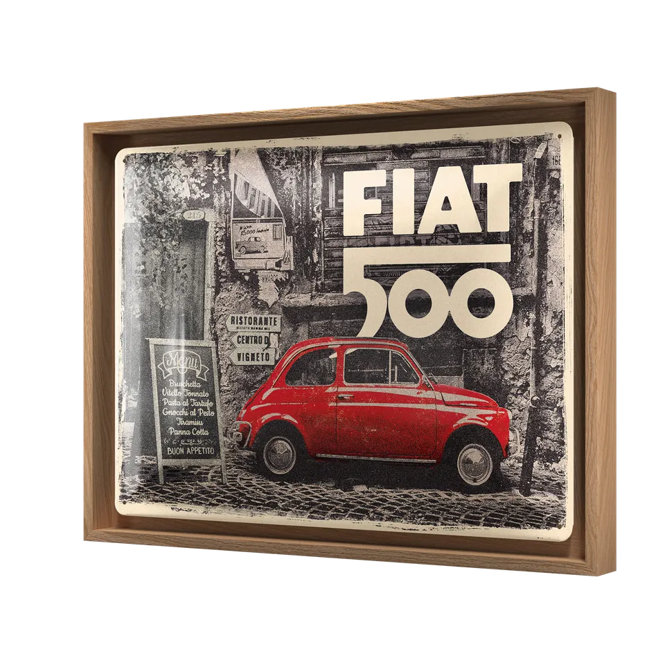 nostalgic-art-fiat-500-red-car-in-the-street-n-frame-l-edition-33-5-x-44-cm image 1
