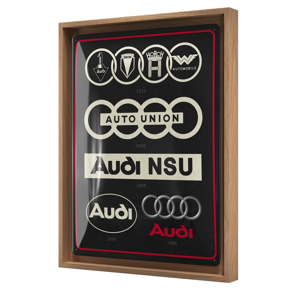 nostalgic-art-audi-logo-evolution-n-frame-l-targa-in-metallo-con-cornice-legno image 1