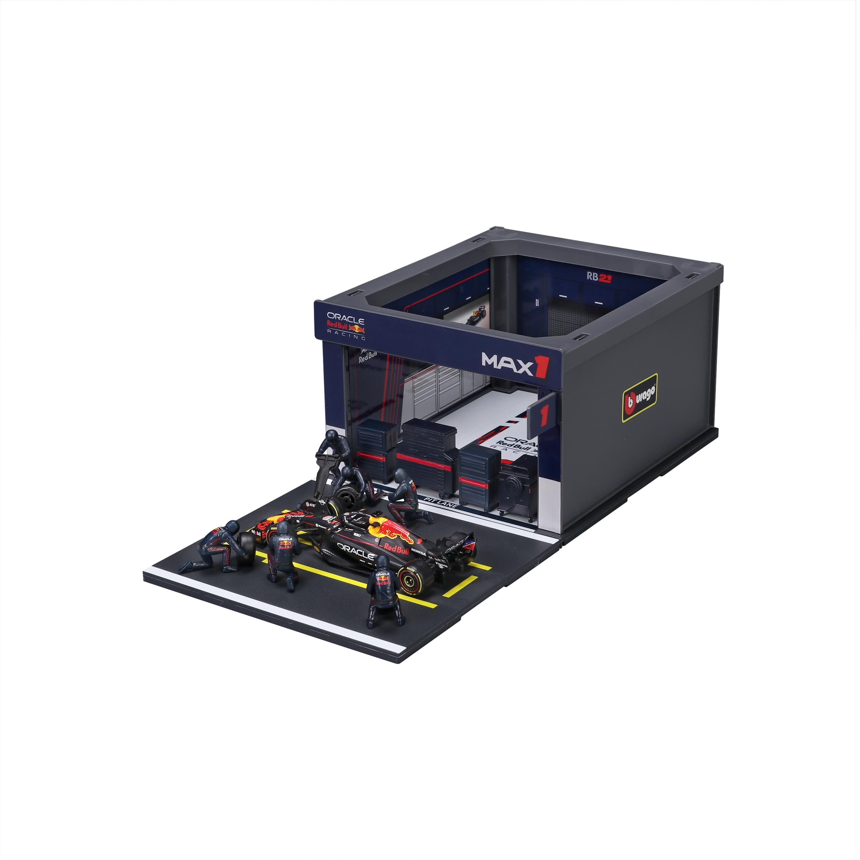 bburago-pit-stop-red-bull-rb21-2025-1-verstappen-playset-diorama-formula-1-scala image 1