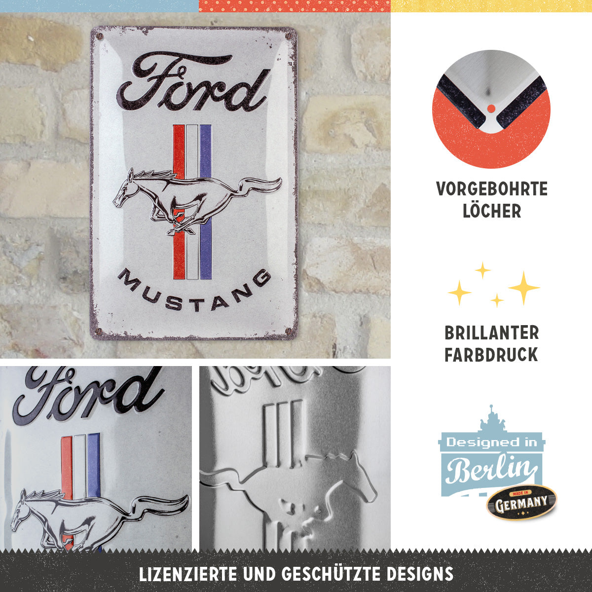 nostalgic-art-ford-mustang-horse-stripes-logo-insegna-metallo-20x30-cm image 2